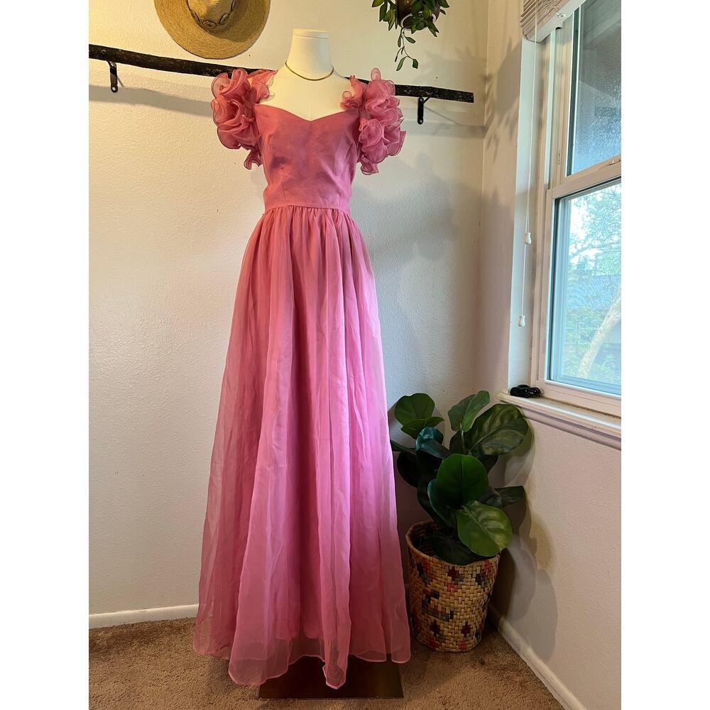 USA Made Vintage 1960s Union Made Pink Ruffle Gown Prom Dress Size Small